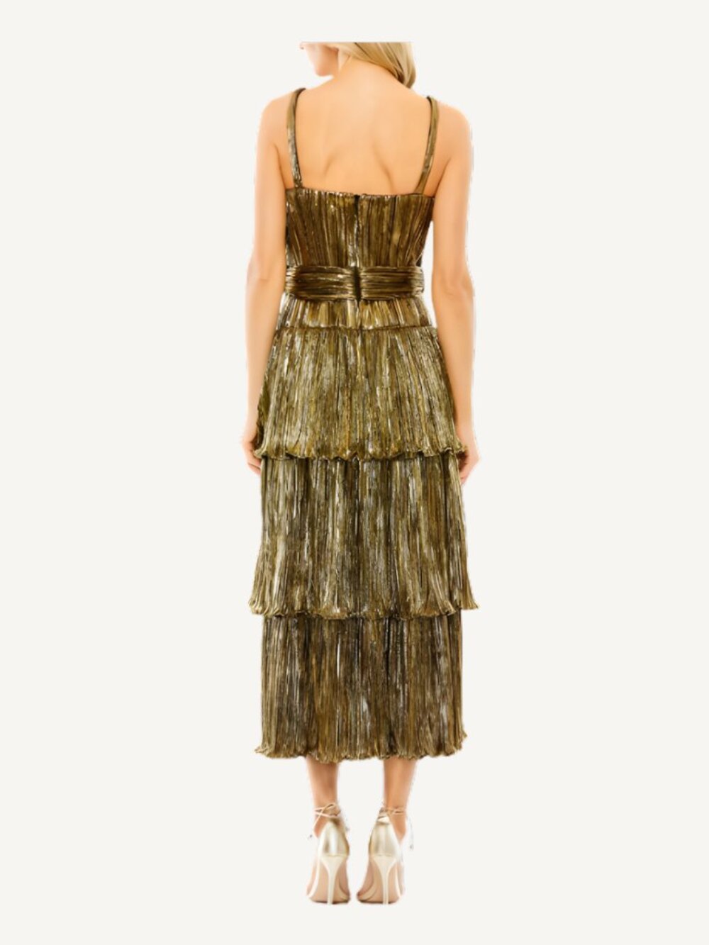 NWT Mac Duggal Antique Gold Pleated Tiered Midi Dress Size 2 - Picture 3 of 6